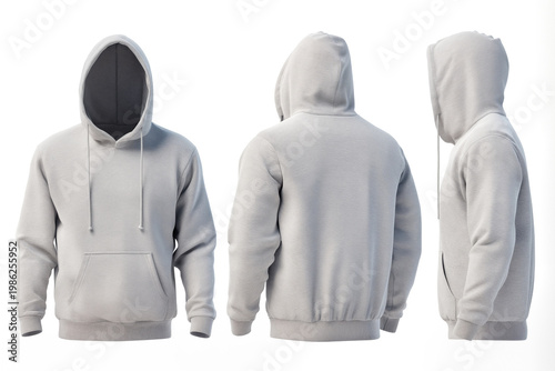 Blank Grey Hoodie Mockup - Front, Back, and Side Views