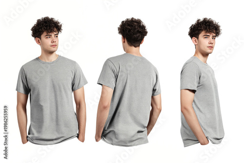 Young Man in Grey T-Shirt Mockup - Front, Back, Side Views
