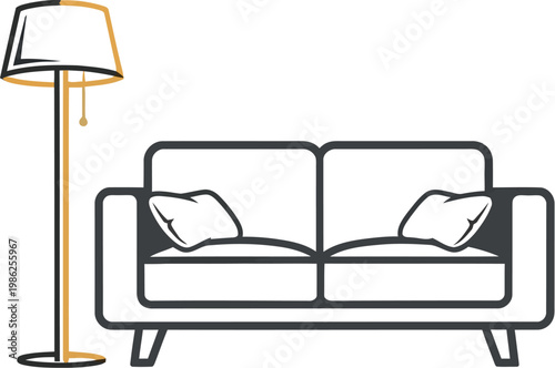 Minimalist line art illustration featuring a contemporary two-seater sofa with comfortable throw pillows and an elegant floor lamp, ideal for modern home interior design concepts.
