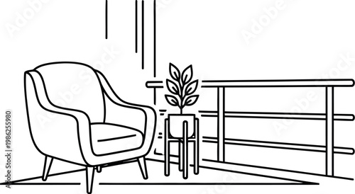 Comfortable armchair placed next to a small potted plant near a railing creating a cozy and minimalist seating area for relaxation in a modern home