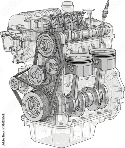 Detailed illustration of an internal combustion engine showcasing complex machinery on transparent background silhouette high quality professional detailed modern elegant stylish