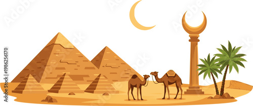 Iconic egyptian desert scene with pyramids camels palm trees and crescent moon flat design vector illustration isolated on transparent background