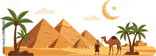 Iconic egyptian desert scene with pyramids camels palm trees and crescent moon flat design vector illustration isolated on transparent background