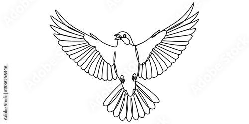 Minimalist continuous line art illustration of a small bird flying with its wings spread wide
