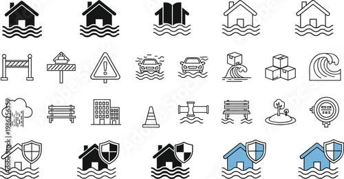 Comprehensive set of flood insurance and natural disaster icons featuring flooded houses, submerged cars, emergency alerts, and property protection shield symbols.
