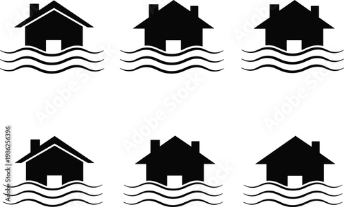 Collection of black silhouette icons featuring houses submerged in flood water, representing natural disasters, home insurance claims, and emergency property damage.