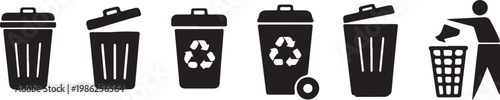 Waste management and trash disposal icons showing calendar bin garbage bag and cleaning worker environmental service illustration design.
