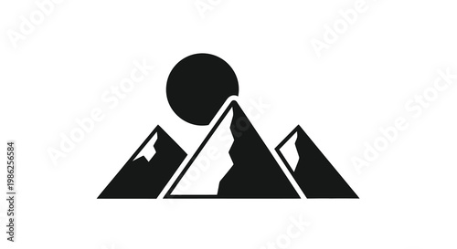 Minimalist black and white illustration of mountains and a circular sun