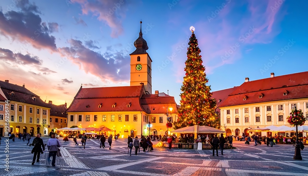 Obraz premium Festive town square sunset