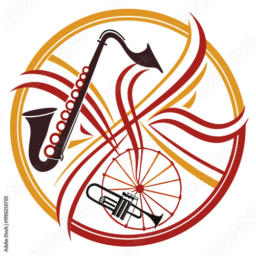 Sticker Abstract jazz music symbols in red and gold.