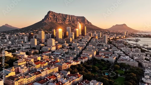 Aerial view of cape town south africa at sunset featuring table mountain and golden light reflecting on buildings