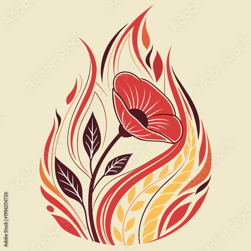 Artistic fire drop with poppy and wheat grains.