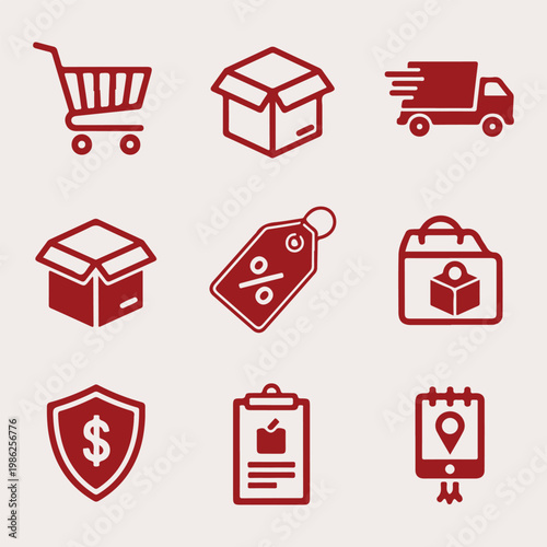 A collection of red icons representing various aspects of e-commerce and logistics on a beige background