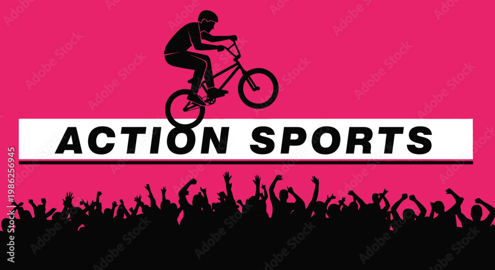 Fototapeta premium Thrilling BMX Action: Dynamic Silhouette Illustration with Energized Spectators and Vivid Design