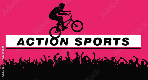 Thrilling BMX Action: Dynamic Silhouette Illustration with Energized Spectators and Vivid Design