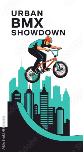 Thrilling BMX Action: Urban Freestyle Stunt Show, Cityscape Silhouette, Extreme Sports Challenge
