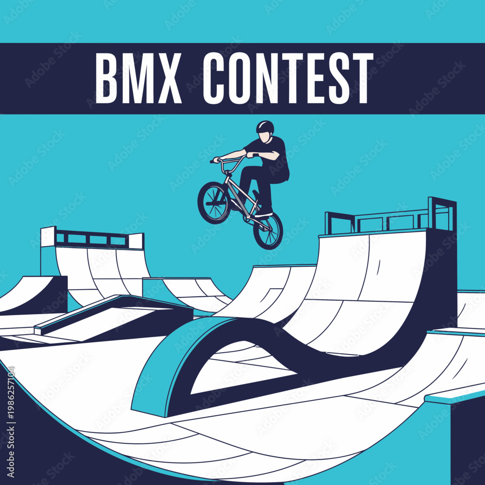Fototapeta premium Thrilling BMX Contest Depicting Rider Executing a Daring Jump Over Impressive Ramps and Obstacles