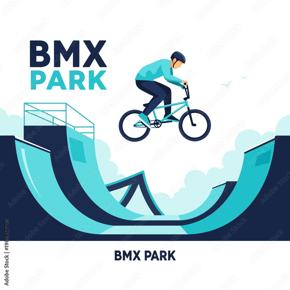 Fototapeta premium Thrilling BMX Cyclist Soaring Over Park Features, Achieving Aerial Acrobatics During Sunny Day