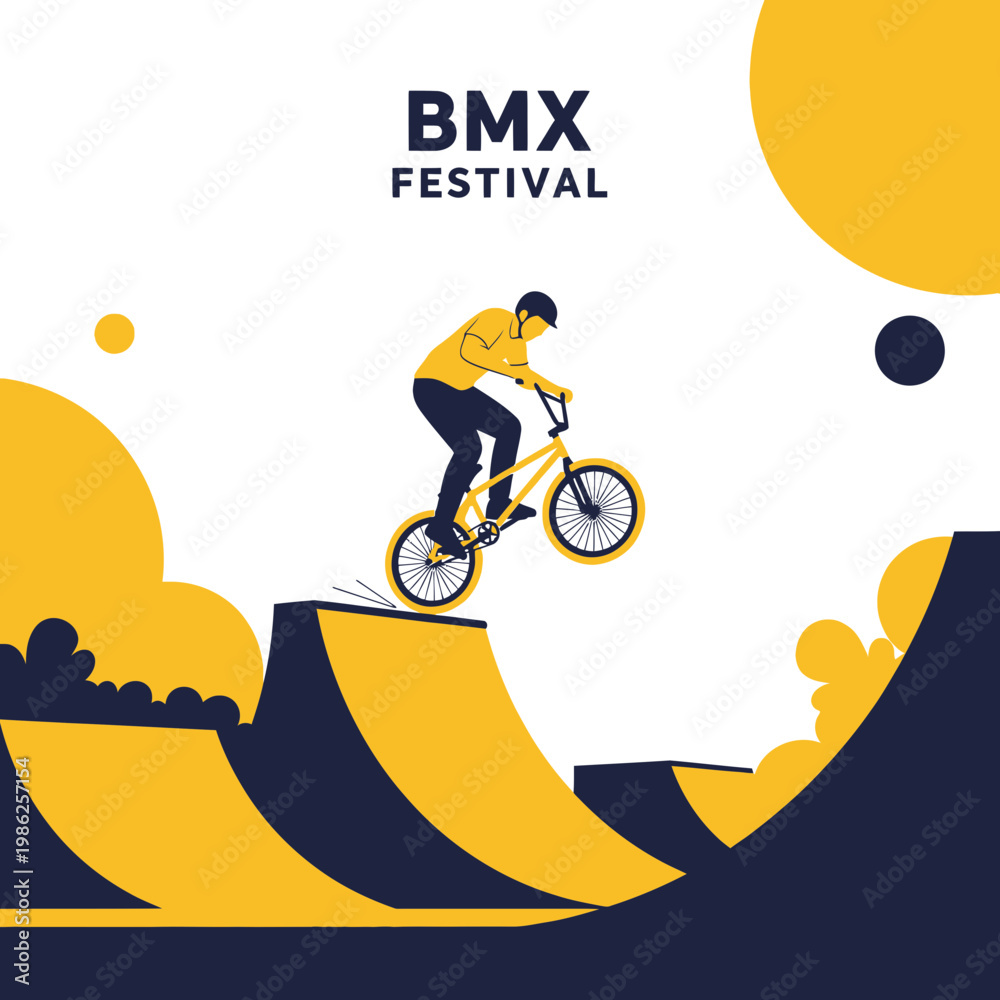 Fototapeta premium Thrilling BMX Festival Illustration Showcasing Biker Performing a Stunt with Abstract Composition