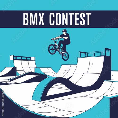 Thrilling BMX Contest Depicting Rider Executing a Daring Jump Over Impressive Ramps and Obstacles
