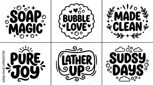 Black and white hand lettering soap magic bubble love and clean phrases vector art