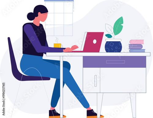 Home office concept, woman working from home, student or freelancer