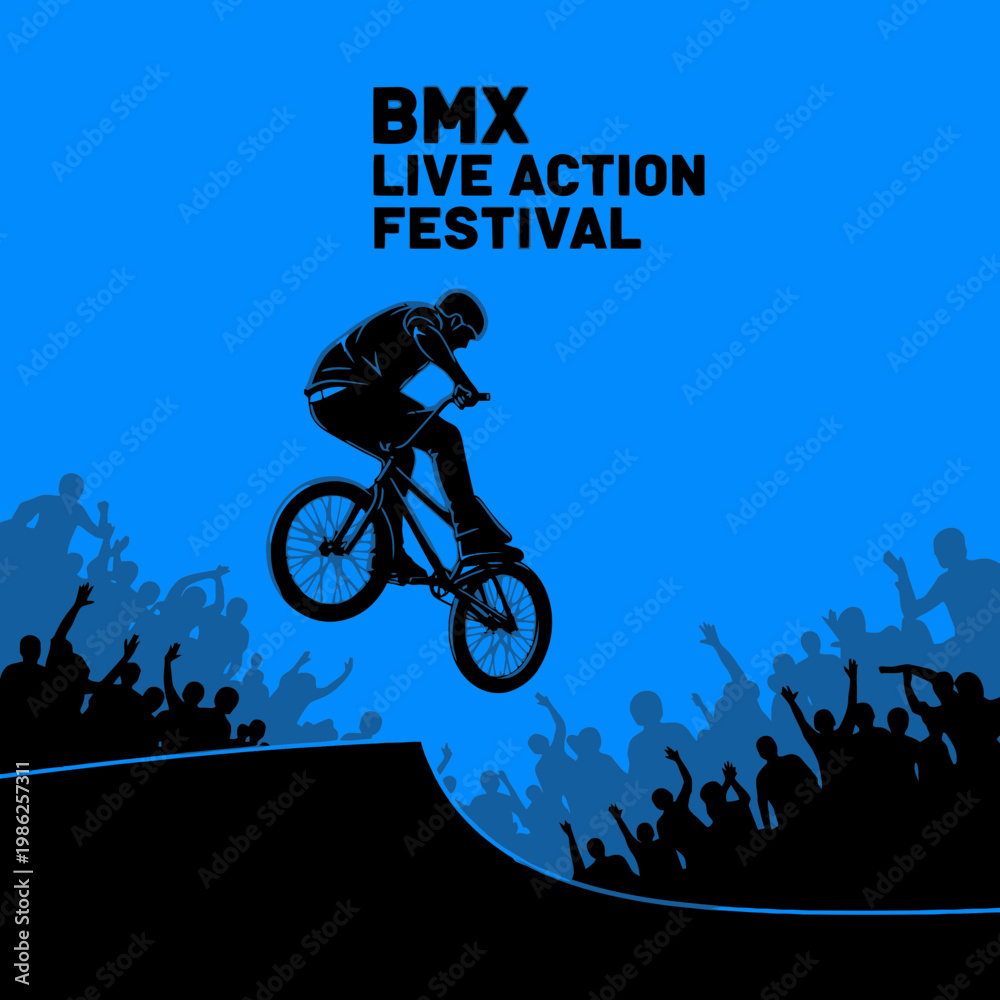 Fototapeta premium Thrilling BMX Live Action Festival Captures High-Flying Acrobatics And Energetic Spectators Crowd