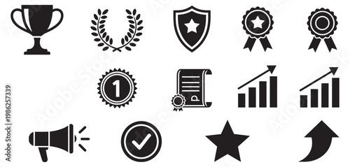 Achievement and success icons set, flat design vector illustration, business awards symbols, victory trophy medal rating scalable graphic elements collection