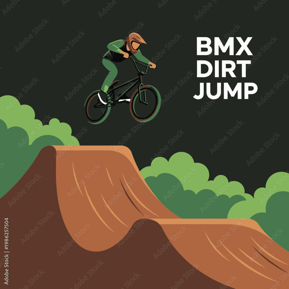 Fototapeta premium Thrilling BMX Rider Performing Aerial Stunt Over Dirt Ramp Against Dark Background