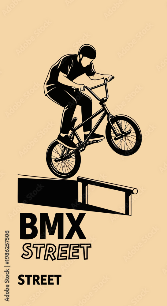 Fototapeta premium Thrilling BMX Rider Performing Stunt on Street Railing in Dynamic Black and White Illustration