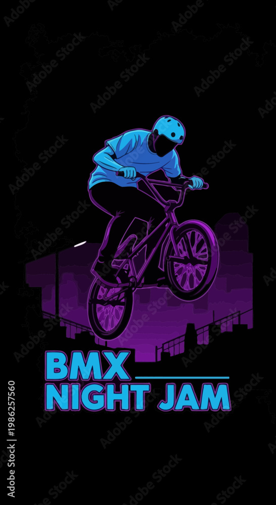 Fototapeta premium Thrilling BMX Stunt Performed Under the Gleaming Lights of a Nighttime Metropolis