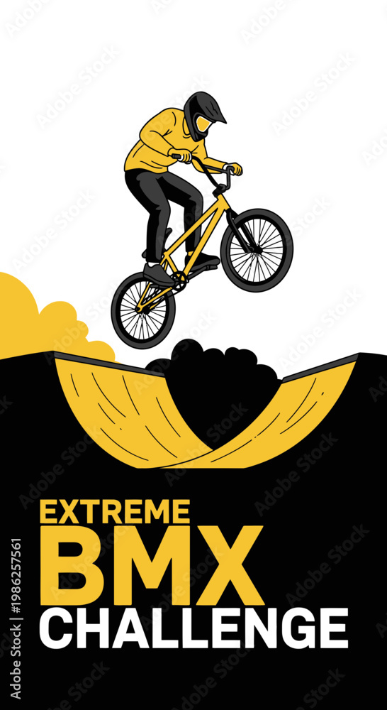 Fototapeta premium Thrilling BMX Stunt Performer Executes Airborne Trick During Extreme Challenge Event