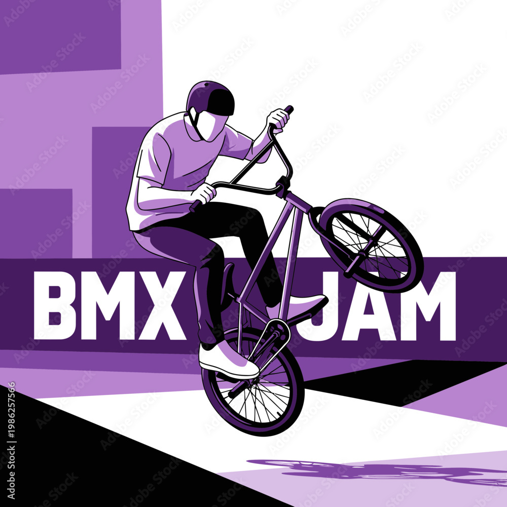 Fototapeta premium Thrilling BMX Stunt Performer Executes Freestyle Trick with Purple Graphic Design Elements