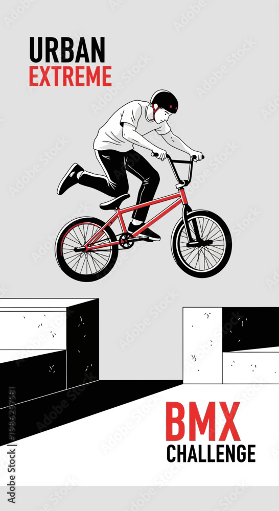 Fototapeta premium Thrilling BMX Stunt Performer Navigating Urban Obstacles With Bold Graphics Design Appeal