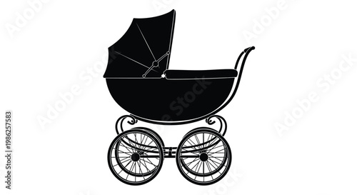 Black and white illustration of a vintage baby carriage or pram