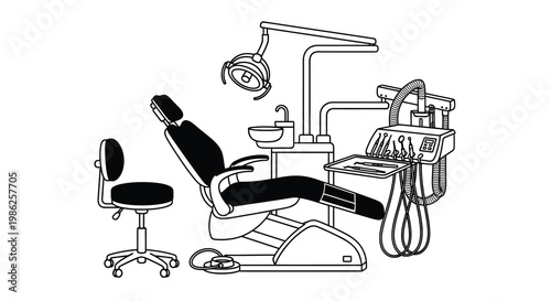 Illustration of a dental chair and associated equipment in a clinic
