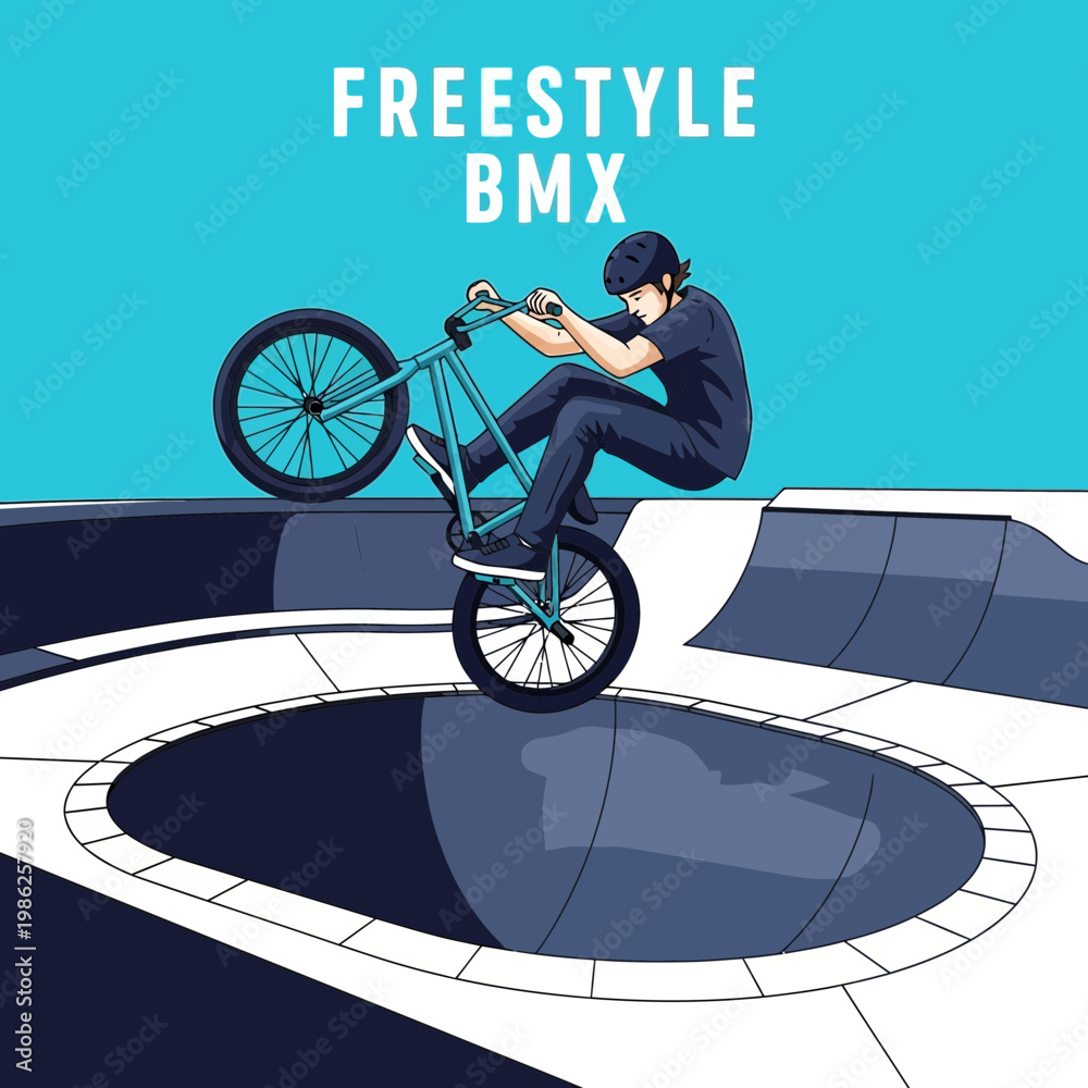 Fototapeta premium Thrilling Freestyle BMX Rider Executes a Daring Wheelie in a Skatepark Illustration