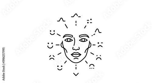 Human Face with Various Emotions and Symbols Representing Mental State