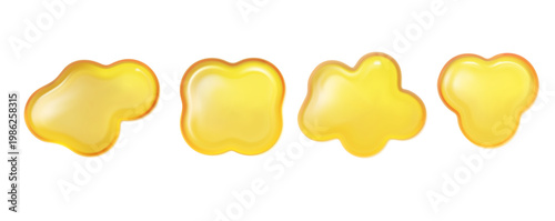 Golden jelly blob shapes isolated for beauty packaging, honey liquid design, glossy oil drops, abstract geometric stickers in realistic style