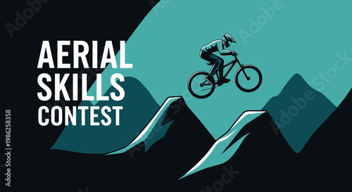 Thrilling Mountain Biking Contest Depicting Airborne Skills Amidst Dramatic Landscape