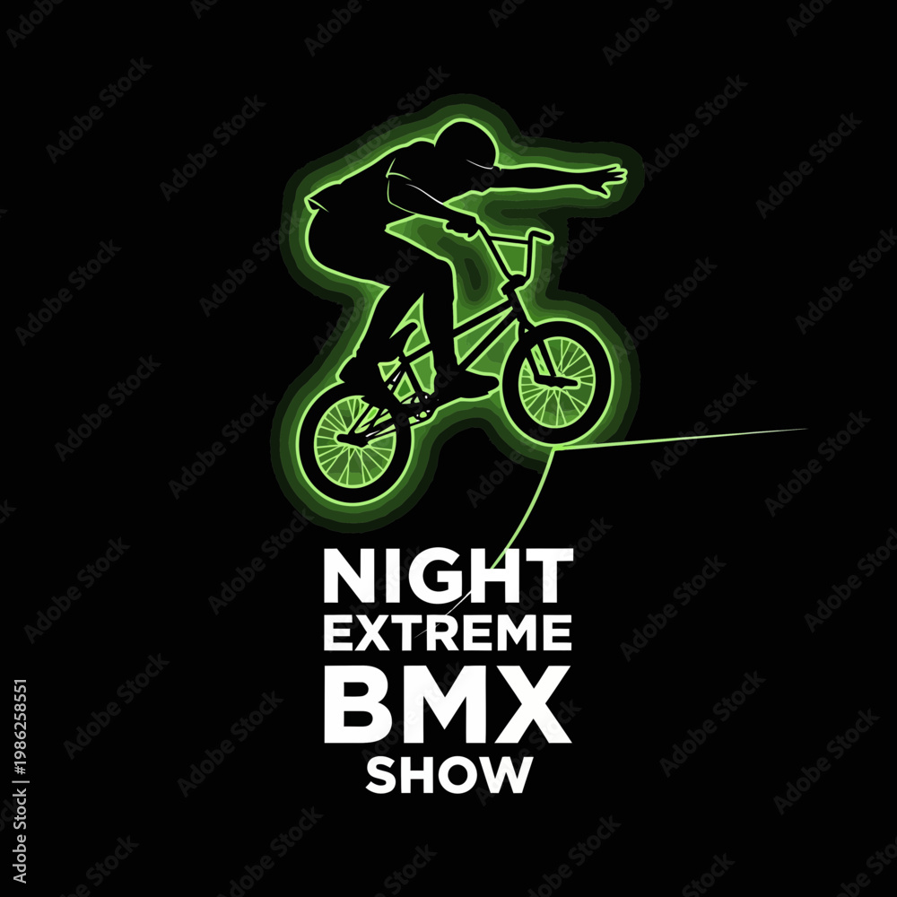 Naklejka premium Thrilling Night BMX Show Featuring Neon Silhouette Stunt Rider Over Black Background