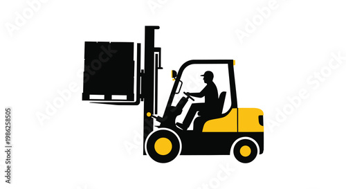 A silhouette of a forklift truck with an operator in profile