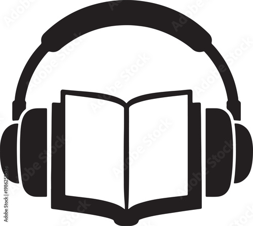 Black silhouette of open book with headphones overlapping also transparent background, audiobook listening