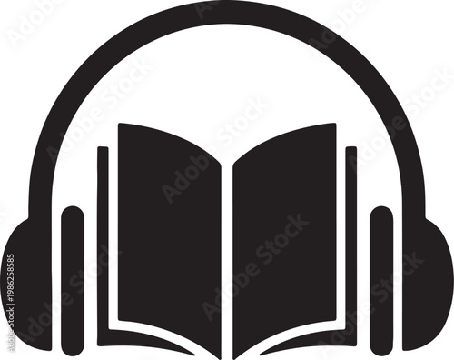 Black silhouette of open book with headphones, representing audiobooks or e-learning also transparent background