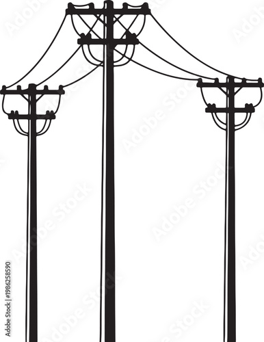 Konstfotografi Black silhouette of three overhead power line poles with wires against white bac