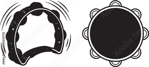 Two black and white representations of a tambourine, one with motion lines, the other a solid circle also transparent background