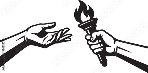 Two hands, one holding a flaming torch, the other reaching out, black and white also transparent background