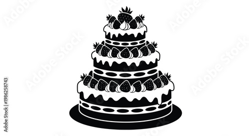 A three tiered wedding cake decorated with strawberries and frosting