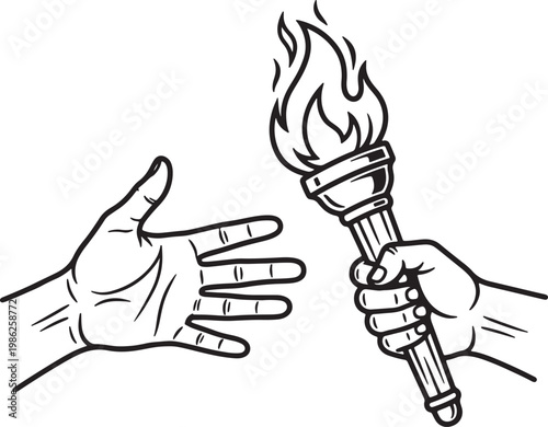 Two hands, one holding a flaming torch, the other reaching out, black and white line also transparent background