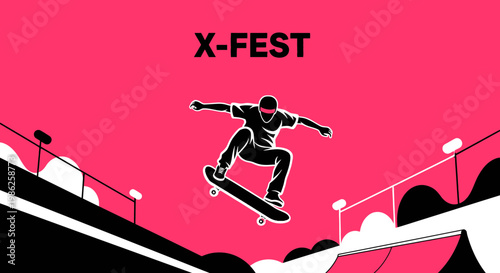 Thrilling Skateboarder Performing Stunts Against Vivid Backdrop for X-Fest Event Poster